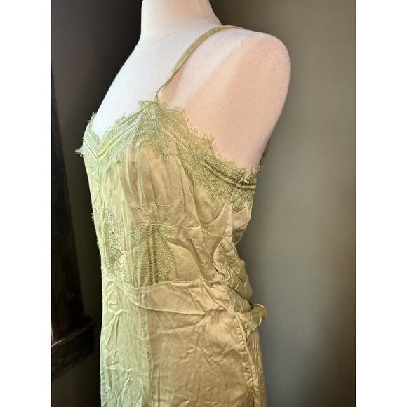Anthropologie Let Me Be Satin Green Lace Trimmed Boho Midi Dress Size Large - Picture 7 of 13